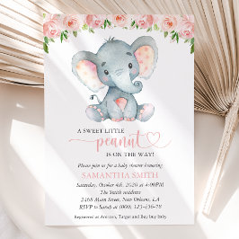 Elefant, Rosa akvarellblommor, Baby Shower Inbjudningar
