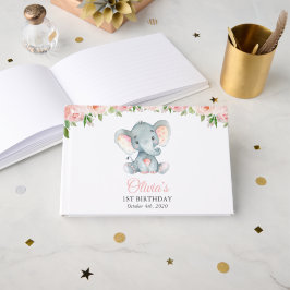 Elefant, Rosa akvarellblommor, Första födelsedagen Gästböcker