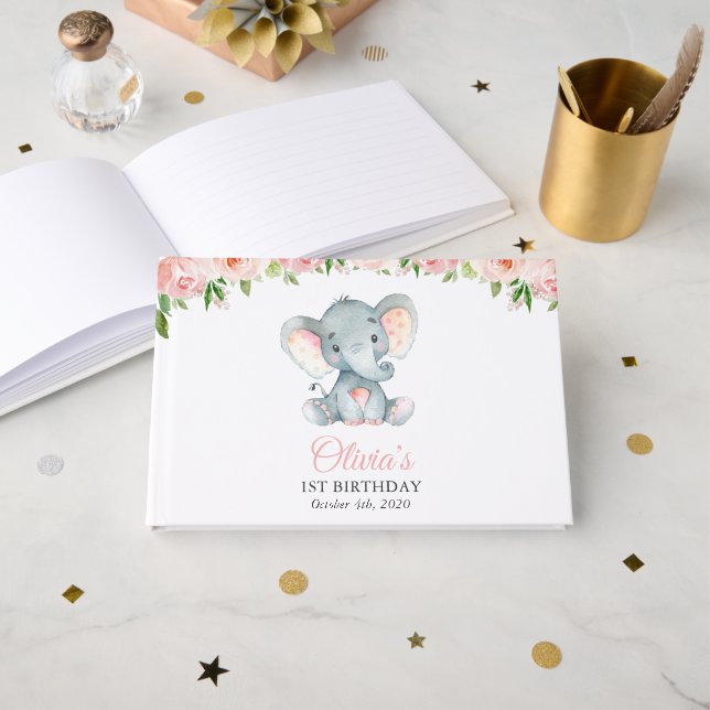 Elefant, Rosa akvarellblommor, Första födelsedagen Gästböcker (Framsida öppen)