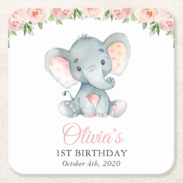 Elefant, Rosa akvarellblommor, Första födelsedagen Underlägg Papper Kvadrat