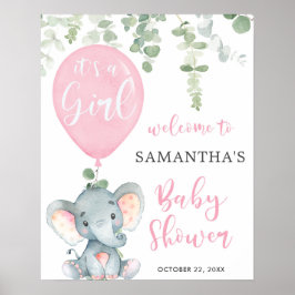 Elefant rosa ballong flicka baby shower välkomstsk poster