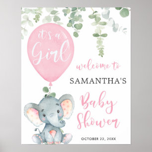 Elefant rosa ballong flicka baby shower välkomstsk poster