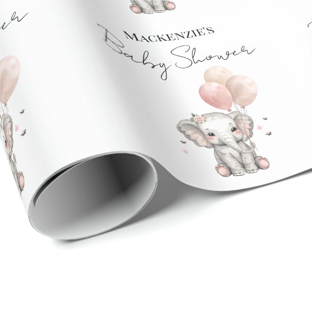 Elefant & Rosa ballonger Flicka Barnkalas Presentpapper (Rullad Hörn)