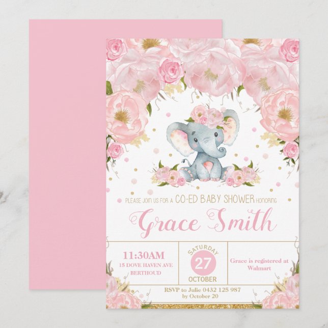 Elefant Rosa Blommig Samkönad Baby Shower Flicka Inbjudningar (Fram/baksida)