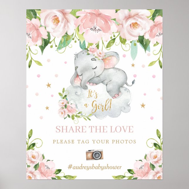 Elefant Rosa Blommigt  Kärlek Märkrn Ditt foto Poster (Framsidan)