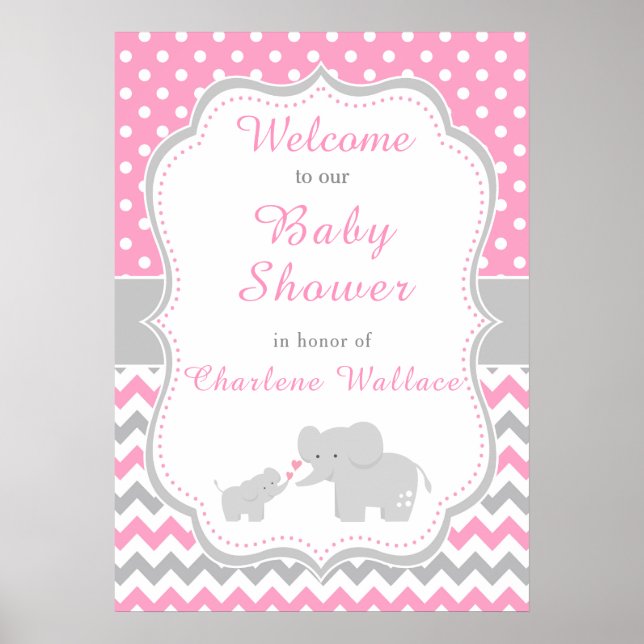 Elefant Rosa och Grått Baby Shower Poster (Framsidan)