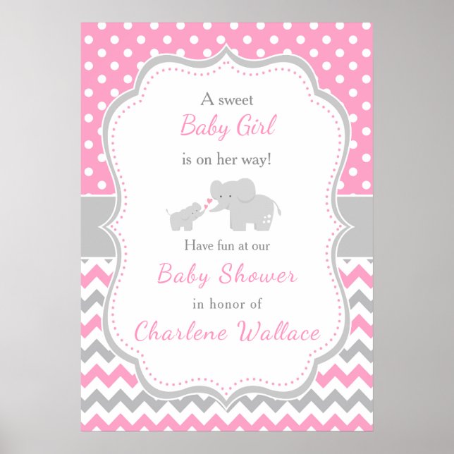 Elefant Rosa och Grått Baby Shower Poster (Framsidan)