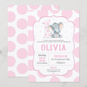 Elefant Rosa Polka dots på födelsedagsinbjudan Inbjudningar