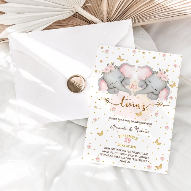 Elefant Rosa Tvillingflickor Baby Shower Inbjudningar (Skapare uppladdad)