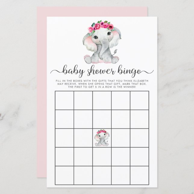 Elefant Rosa Vattenfärg Bingo Baby Shower Spel (Fram/baksida)