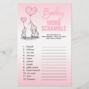 Elefant Rosa Vit Tjej Baby Shower ORDLEK Flygblad