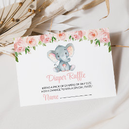 Elefant, Rosa Watercolor Flowers, Diaper Raffle Tilläggskort