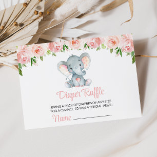Elefant, Rosa Watercolor Flowers, Diaper Raffle Tilläggskort