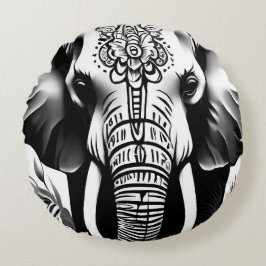 Elefant Round Cushion, svart och vit Rund Kudde