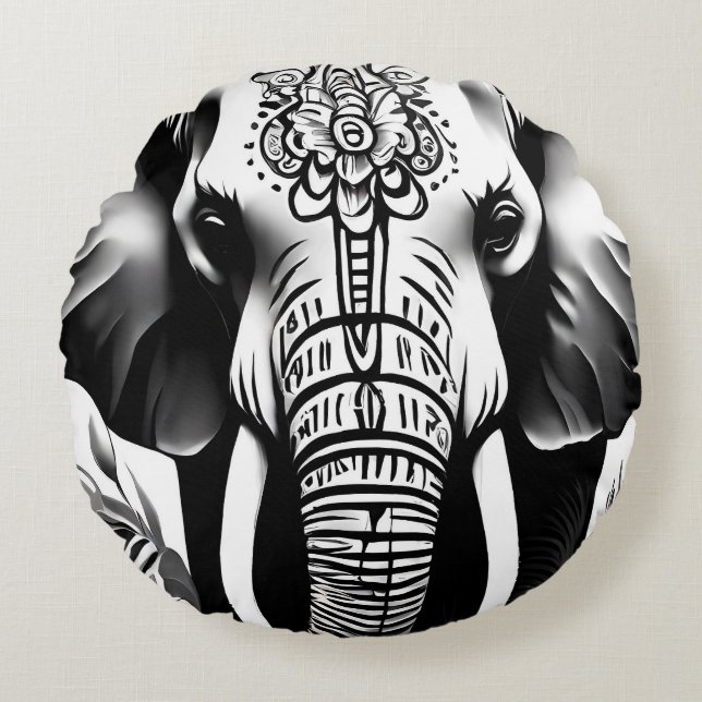 Elefant Round Cushion, svart och vit Rund Kudde (Framsidan)