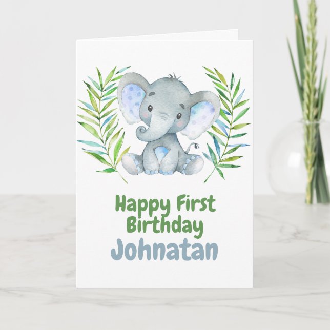 Elefant Safari Baby Lycklig 1:a födelsedagskortet Kort (Framsida)