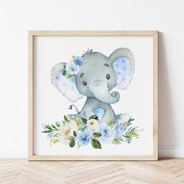 Elefant, Safari, Blå Blommor, Pojkrum Poster