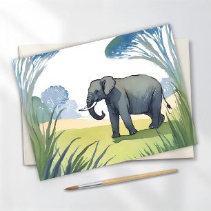 Elefant Safari   Vacker Natur Akvarell  Vykort