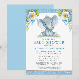 Elefant Shower Glitter för vattenfärgsblått Blommi Inbjudningar