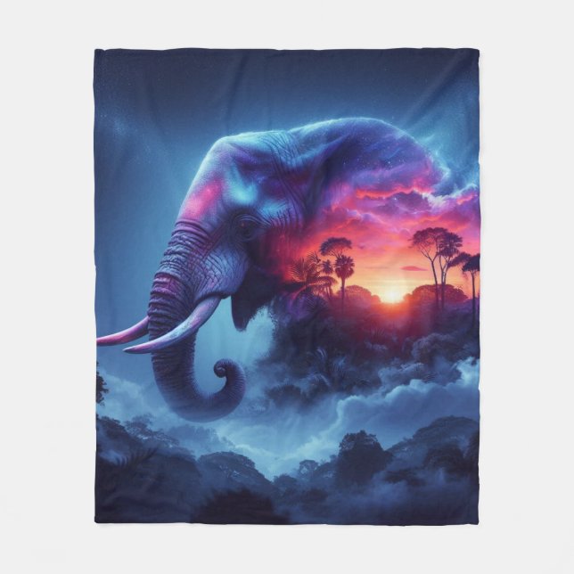 Elefant Siluett Sammanslagen med Levande Solnedgån Fleecefilt (Framsidan)