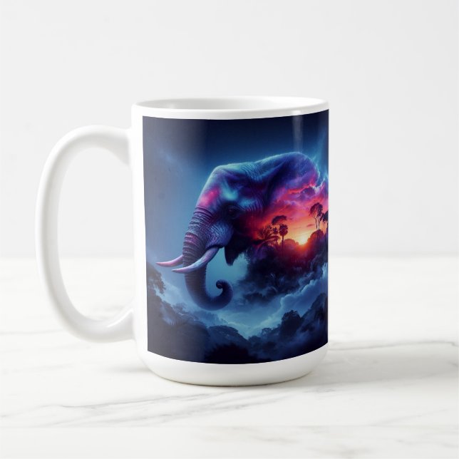 Elefant Siluett Sammanslagen med Levande Solnedgån Kaffemugg (Vänster)