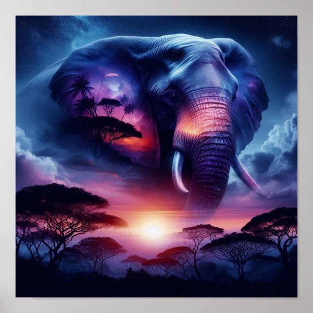 Elefant Siluett vid Solnedgång  Poster (Framsidan)