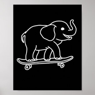 Elefant Skateboard Kontur Linjeteckning Skater Poster