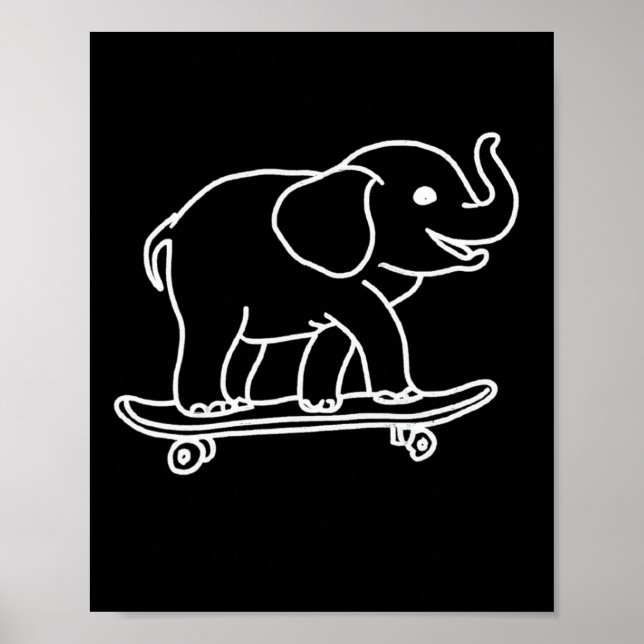 Elefant Skateboard Kontur Linjeteckning Skater Poster (Framsidan)