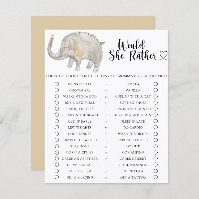 Elefant / Skulle hon hellre Baby Shower-spel (Fram/baksida)