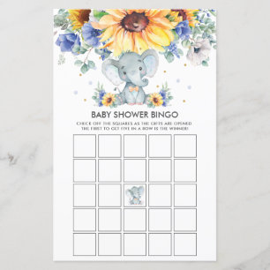 Elefant Solros Blå Baby Shower Bingo Spel