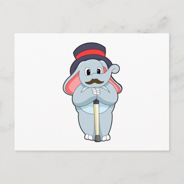 Elefant som gentleman med hatt & promenadkäpp vykort (Framsida)