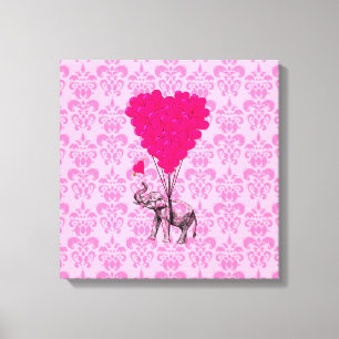 Elefant som håller hjärta på rosa damast canvastryck