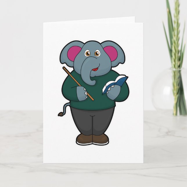 Elefant som lärare med bok och pekpinne kort (Framsida)