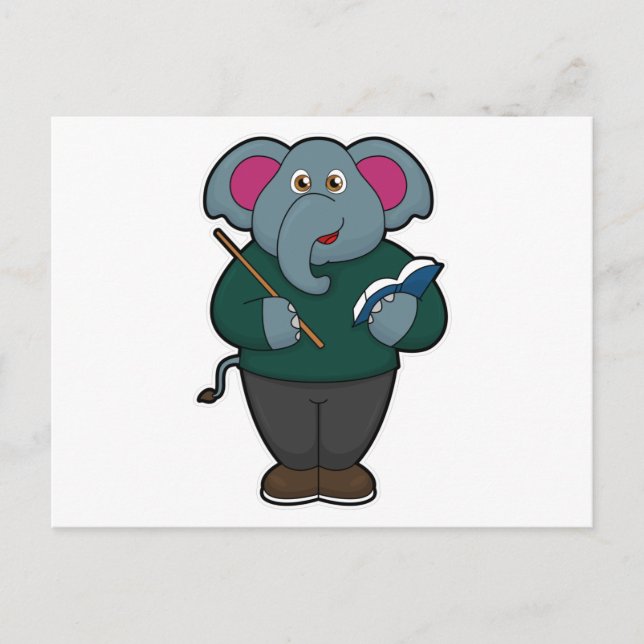 Elefant som lärare med bok och pekpinne vykort (Framsida)