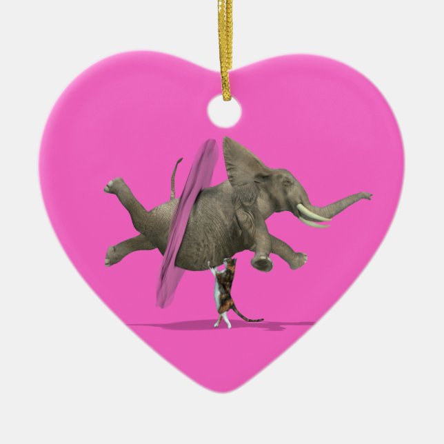 Elefant som lyfts av katt julgransprydnad keramik (Framsidan)