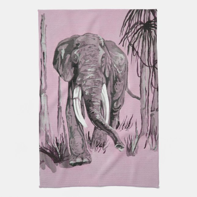 Elefant som rullar genom Wooded Savanna in Rosa Kökshandduk (Vertikal)