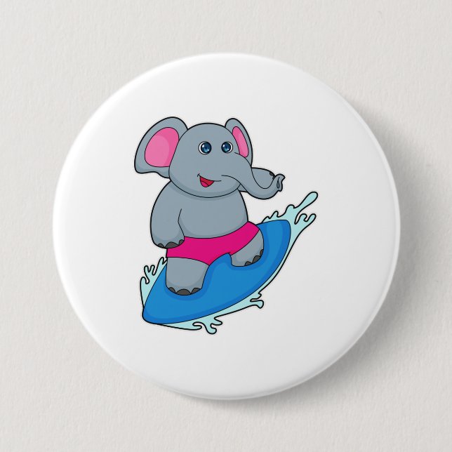 Elefant som Surfer med Surfboard Knapp (Framsida)
