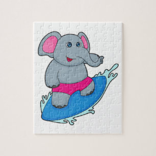 Elefant som Surfer med Surfboard Pussel