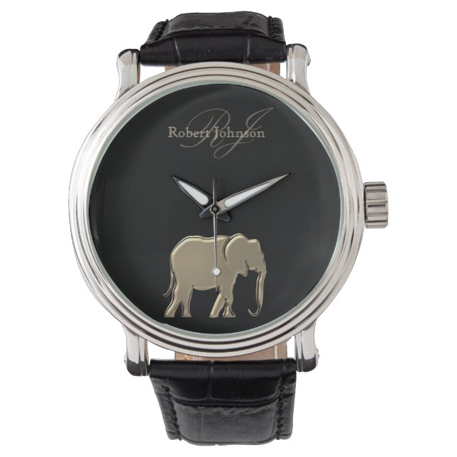 Elefant Svart och Guld Monogram Elegant Lyxig Armbandsur (Framsida)