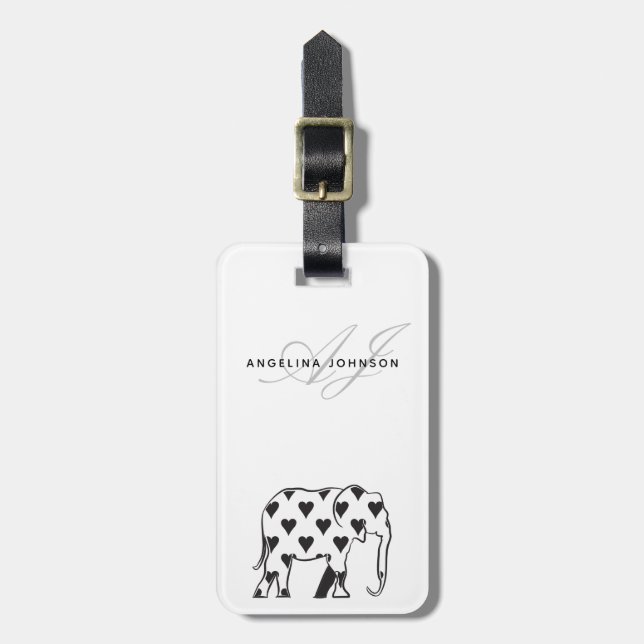 Elefant Svart och Vitt Monogram Bagagebricka (Vertikal Framsida)