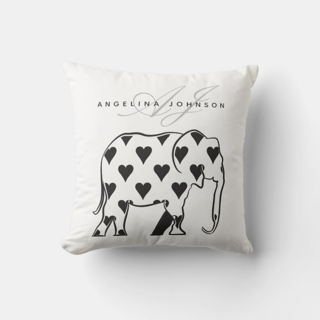 Elefant, svart-vit mönster modern monogram kudde (Framsida)