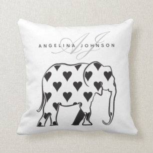 Elefant, svart-vit mönster modern monogram kudde