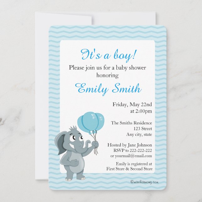 Elefant tecknad baby shower inbjudan (Framsida)
