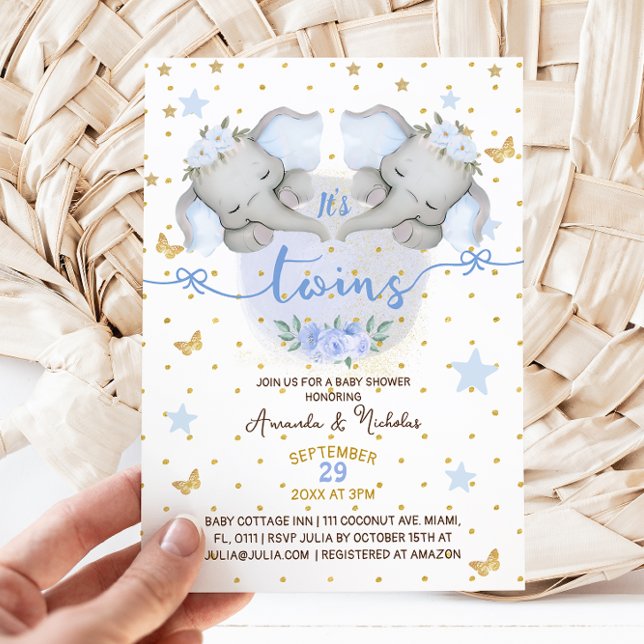Elefant Tvillingpojkar Baby Boy Shower Inbjudningar (Skapare uppladdad)