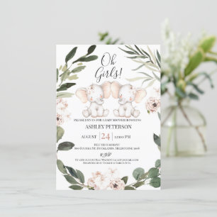 Elefant Twillingar Blommigt Greenery WAN Baby Show Inbjudningar
