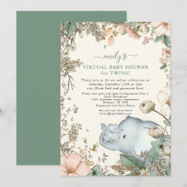 Elefant Twillingar Blommigts Sage Virtuell Baby Sh Inbjudningar