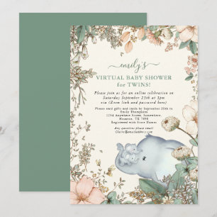 Elefant Twillingar Blommigts Sage Virtuell Baby Sh Inbjudningar