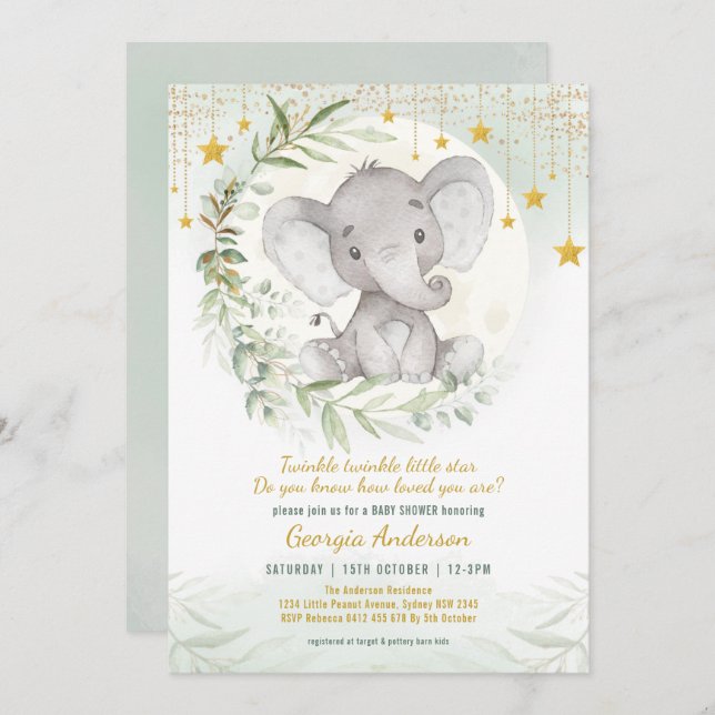 Elefant Twinkle Little Star Grönska Baby Shower Inbjudningar (Fram/baksida)