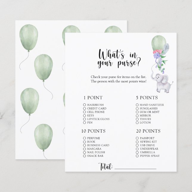Elefant - Vad har du i väskan baby shower spel (Fram/baksida)