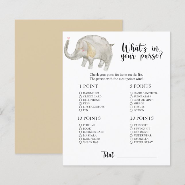 Elefant - Vad har du i väskan baby shower spel (Fram/baksida)